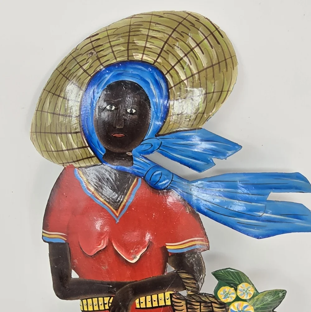 Vintage metal hand painted Haitian woman flower basket wall hanging w/hooks‎